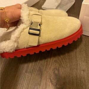 MONCLER NEW NEVER WORN Cream Suede Buckle Slippers with Red Soles
